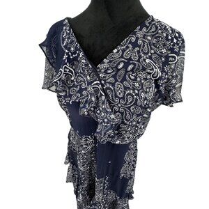 Chaps Maxi Dress Womens Size 12 Navy Paisley Ruffle Empire Waist Layered‎ Flowy